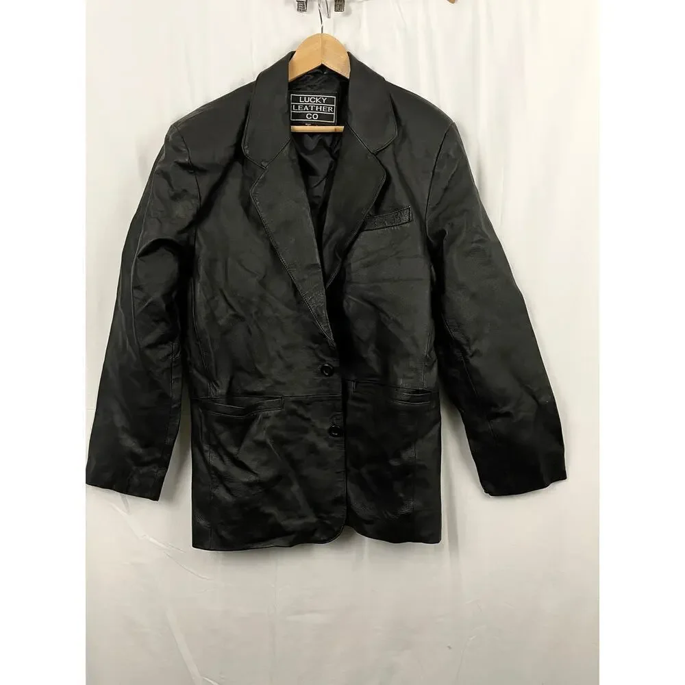 VTG Black Genuine Leather Jacket LARGE Lined Button Collar Lucky Leather Company